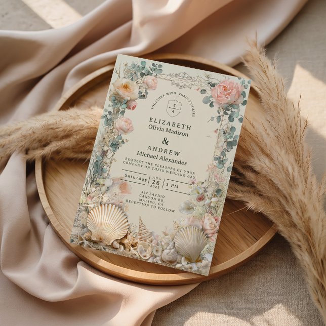 Invitación Coastal Seashell Botanical Wedding (Subido por el creador)