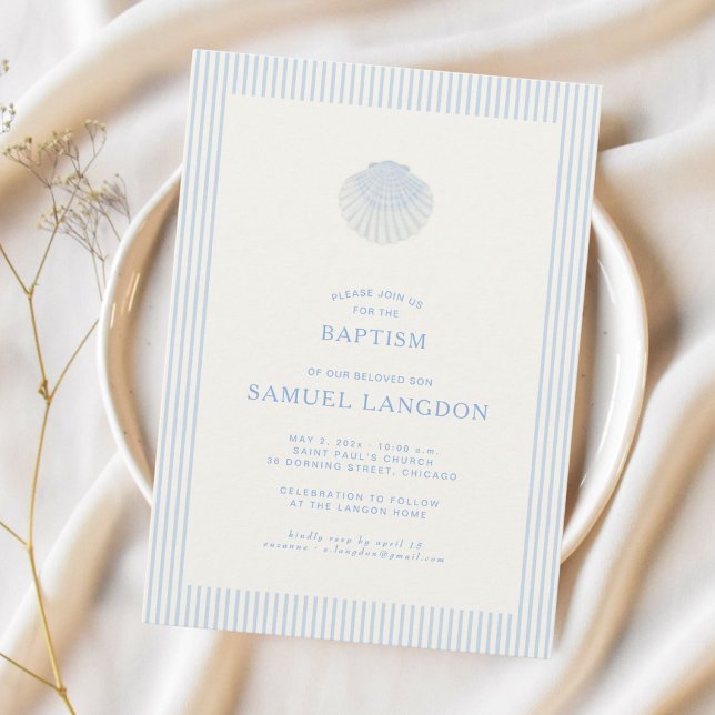 Invitación Coastal shell blue striped baptism Invitation (Subido por el creador)