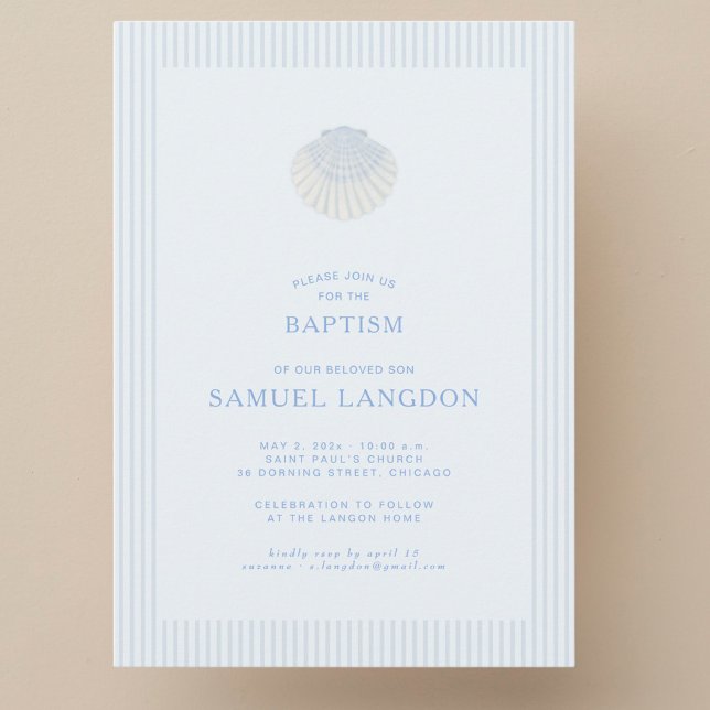 Invitación Coastal shell blue striped baptism Invitation (Subido por el creador)