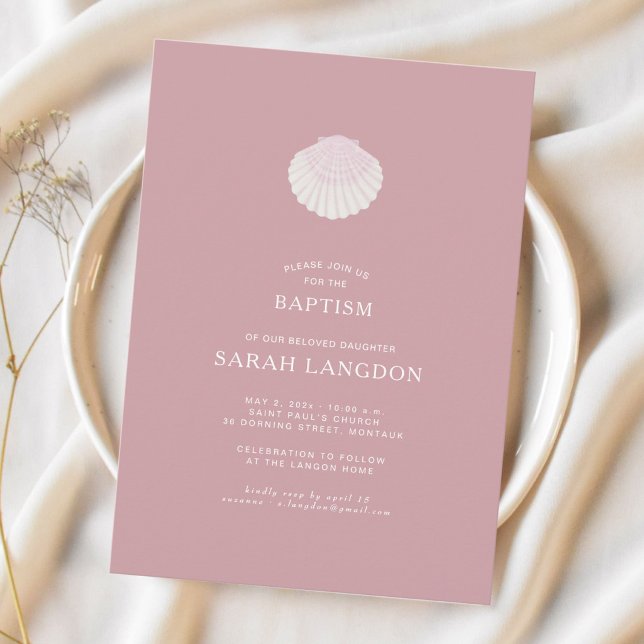Invitación Coastal shell dusty pink baptism Invitation (Subido por el creador)