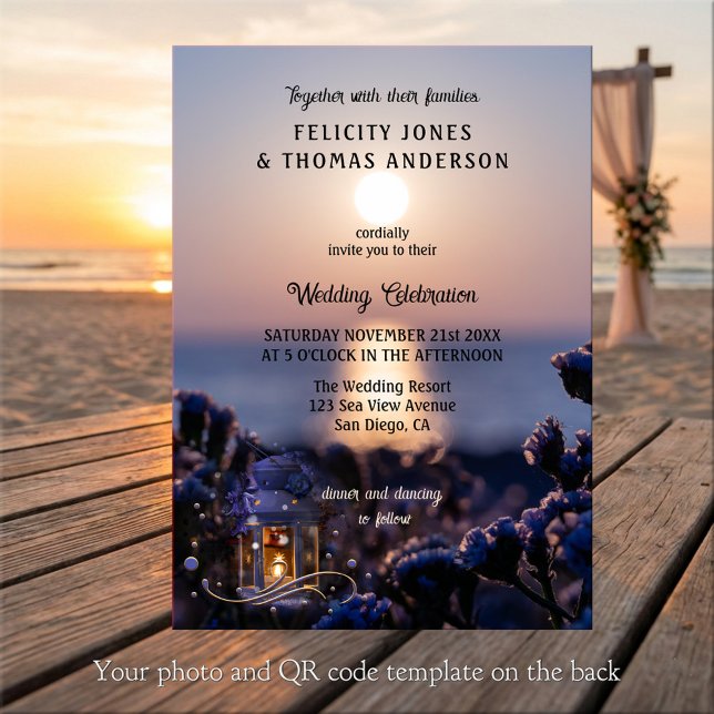 Invitación Coastal Sunset Winter Wedding Invitation (Wedding invitation featuring a sunset at the ocean with a festive lantern with sparkling lights)