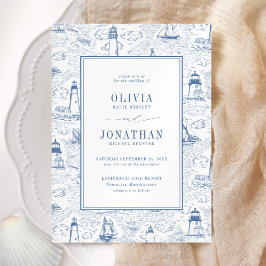 Invitación Coastal Toile Lighthouse Blue Wedding