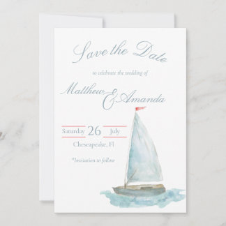 Invitación Coastal Watercolor Sailboat Save the Date