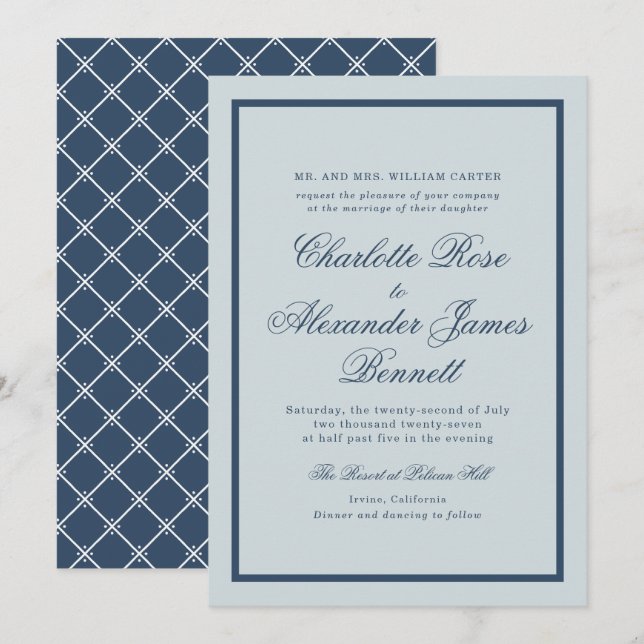 Invitación Coastal Wedding Dusty Blue Classic Script (Anverso / Reverso)