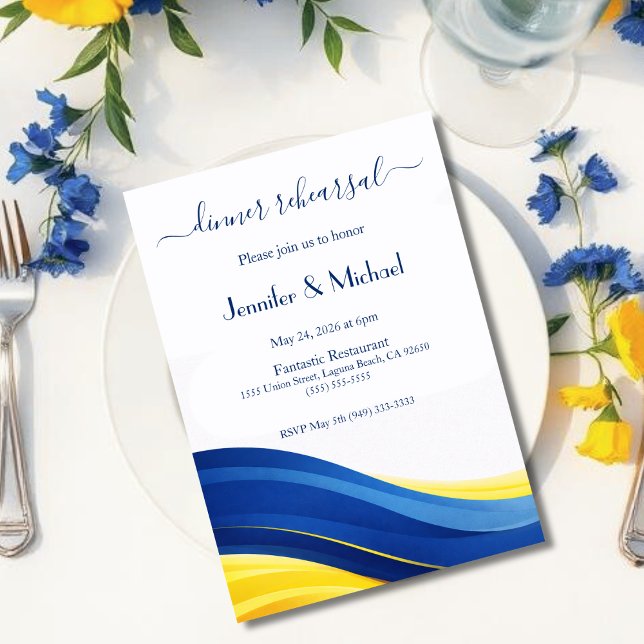 Invitación Cobalt Blue and Lemon Yellow Dinner Rehearsal  (Cobalt Blue and Lemon Yellow Dinner Rehearsal  Invitation)
