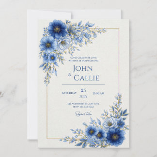 Invitación Cobalt Blue Botanical Gold Line Frame Wedding