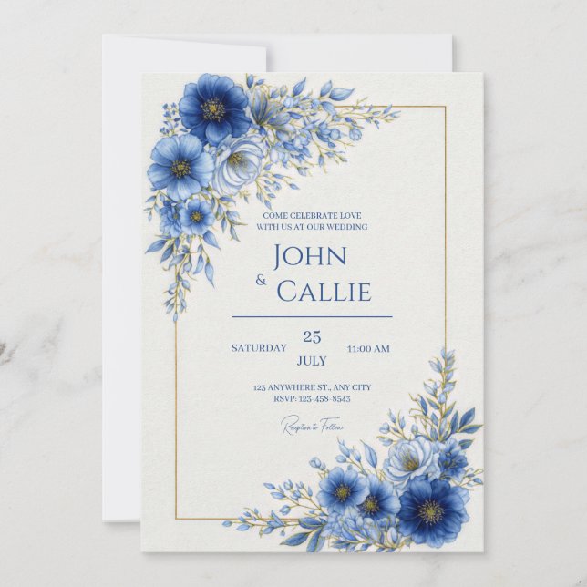 Invitación Cobalt Blue Botanical Gold Line Frame Wedding (Anverso)