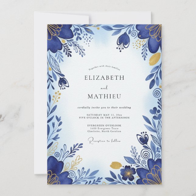 Invitación Cobalt Blue Brilliant Botanical Wedding (Anverso)