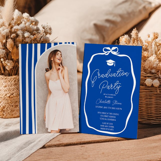 Invitación Cobalt Blue Coquette Bow photo graduation (Cobalt Blue Coquette Bow photo graduation Invitation)
