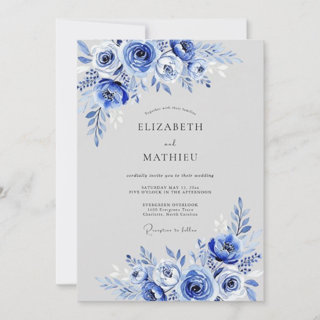 Invitación Cobalt Blue Floral Whimsy Wedding (Anverso)