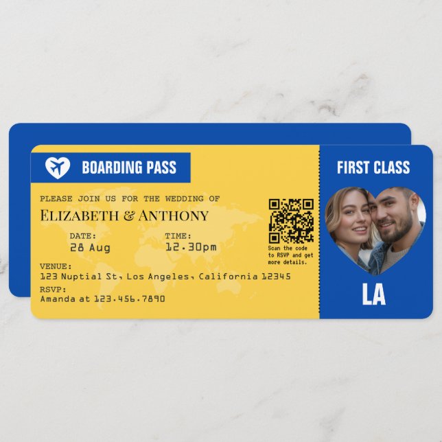Invitación Cobalt Blue & Lemon Yellow Boarding Pass Wedding (Anverso / Reverso)