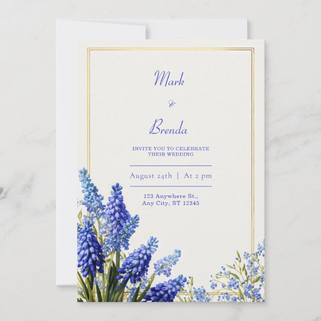 Invitación Cobalt Blue Muscari Botanical Gold Frame Wedding (Anverso)