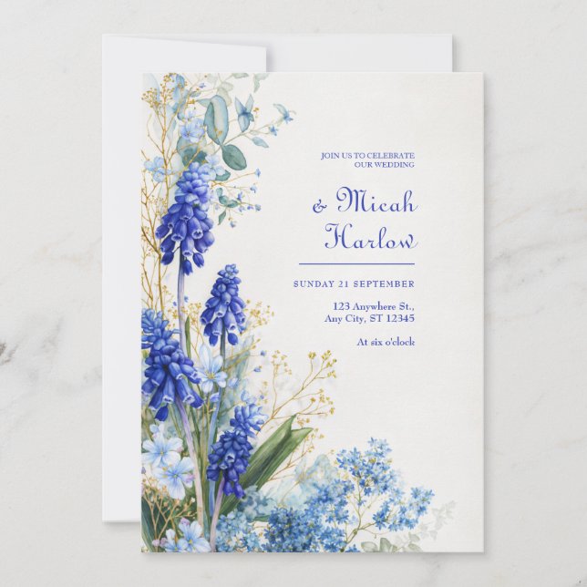 Invitación Cobalt Blue Muscari Watercolor Botanical Border (Anverso)