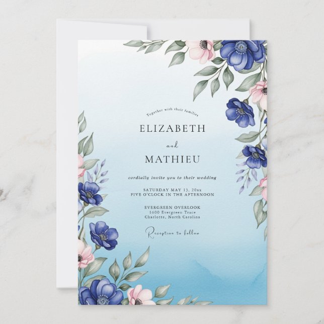 Invitación Cobalt Blue Radiant Botanical Wedding (Anverso)