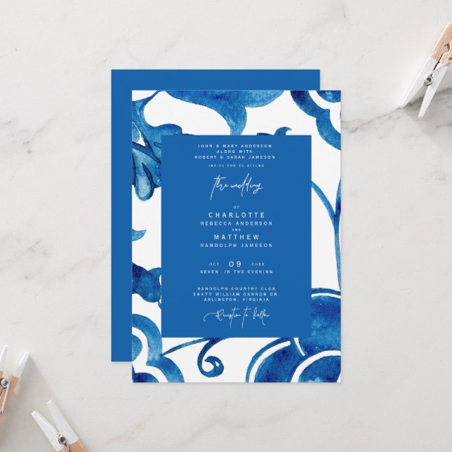 Invitación Cobalto colorido Boda moderno mediterráneo (Anverso/Reverso In Situ)