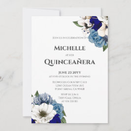Invitación Cobalto Dusty Blue Watercolor Floral Quinceañera