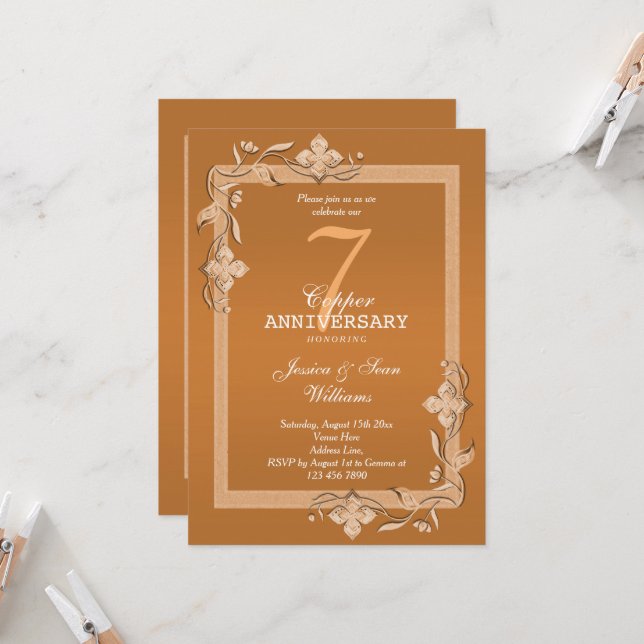 Invitación Cobre Gemas y Brillo 7º Aniversario de Boda (Anverso/Reverso In Situ)