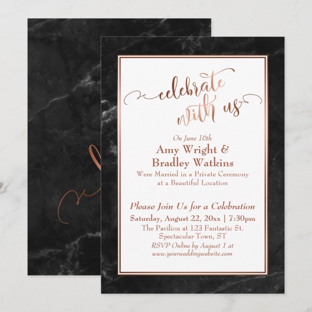 Invitación Cobre Mármol Negro Celebre Con Nosotros Diversión  (Anverso / Reverso)