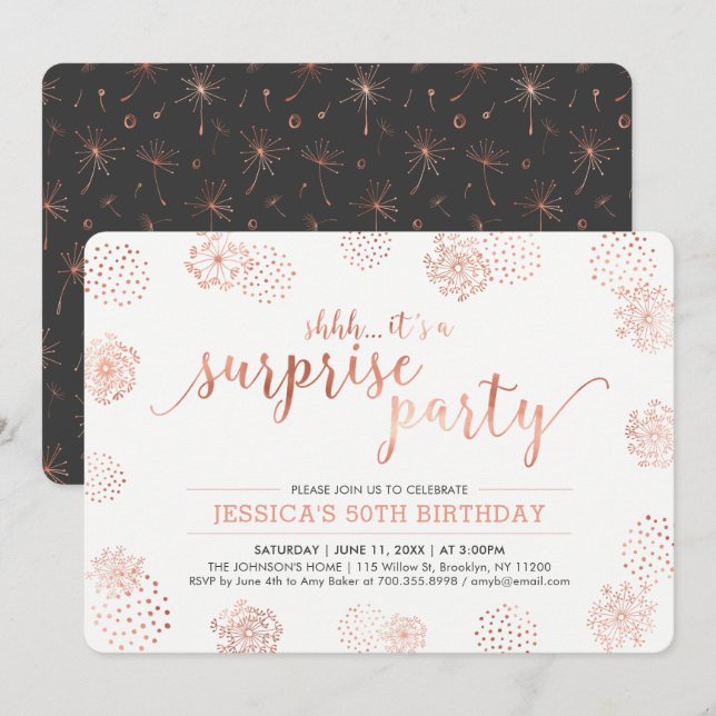 Invitación Cobre | Modern Surprise 50th Birthday Party (Anverso / Reverso)