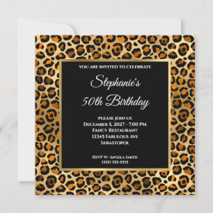 Invitación Cobre Negro y Leopardo Dorado Glam 50 Cumpleaños