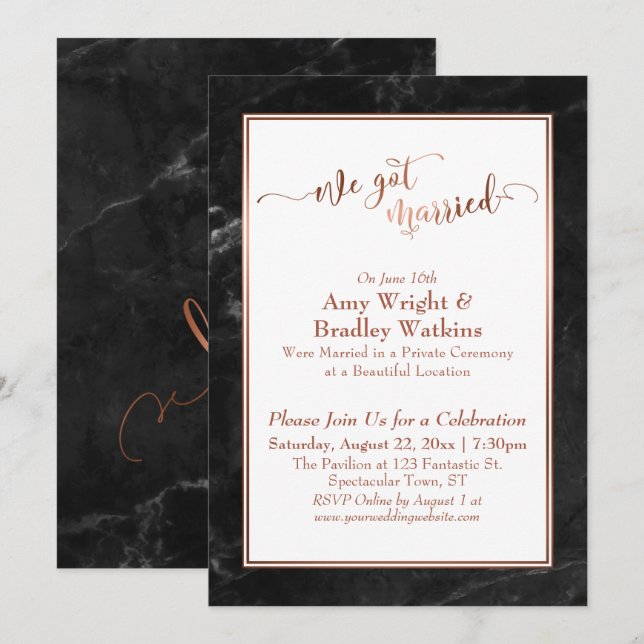 Invitación Cobre que nos casamos con la celebración del Mármo (Anverso / Reverso)