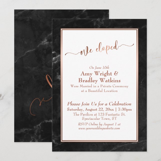 Invitación Cobre Script Nos Fugamos, Celebración de Black Mar (Anverso / Reverso)