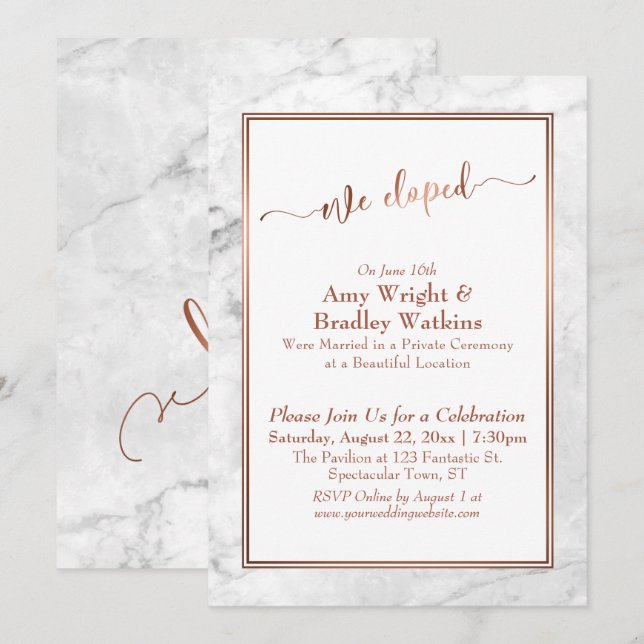 Invitación Cobre Script Nos Fugamos, Celebración de Mármol Bl (Anverso / Reverso)