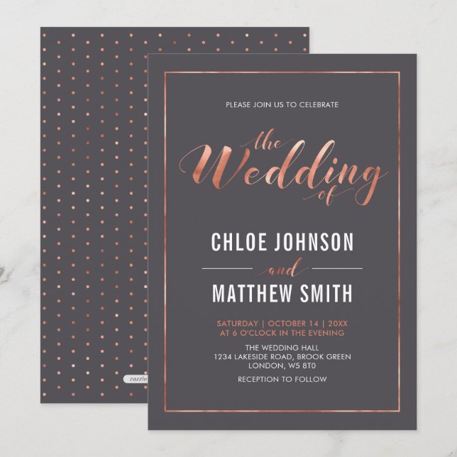 Invitación Cobre y gris | Boda de tipografía moderna simple (Anverso / Reverso)