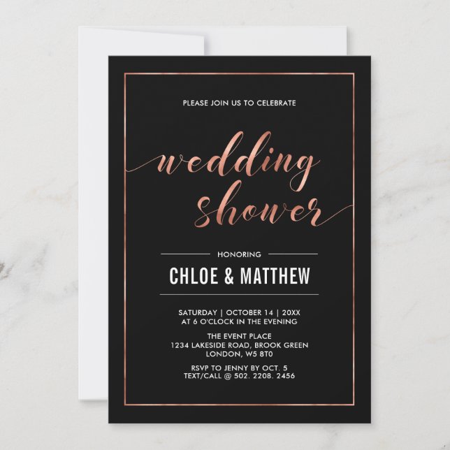 Invitación Cobre y negro | Sencilla ducha de matrimonio moder (Anverso)