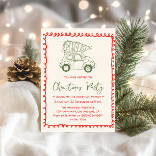 Invitación Coche Antiguo con Árbol de Navidad Borde Rojo Fies
