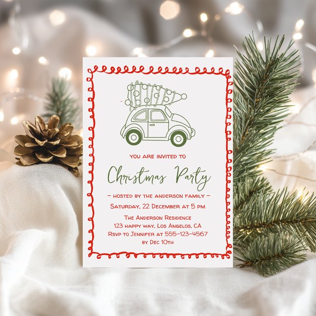 Invitación Coche Antiguo con Árbol de Navidad Borde Rojo Fies (Subido por el creador)