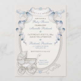 Invitación Coche antiguo de marfil con guingán azul y pájaros
