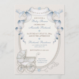 Invitación Coche antiguo de marfil con guingán azul y pájaros