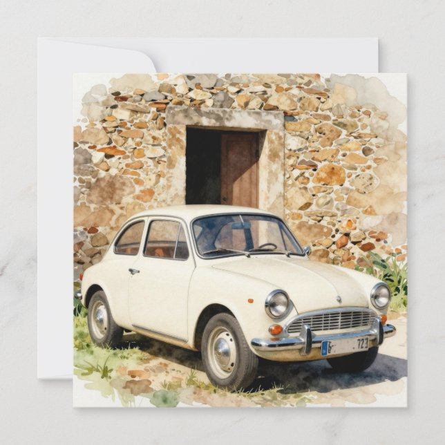 Invitación Coche Antiguo junto a Edificio de Piedra (Anverso)