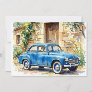 Invitación Coche Antiguo junto a una Cabaña de Piedra
