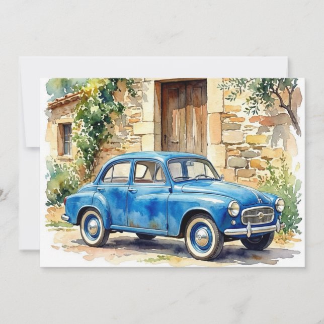 Invitación Coche Antiguo junto a una Cabaña de Piedra (Anverso)