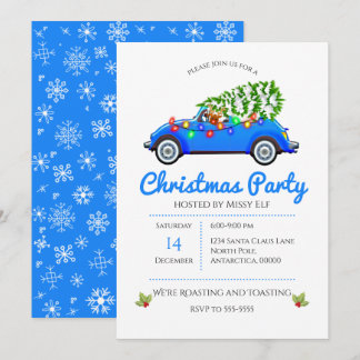 Invitación Coche Azul Vintage y Árbol de Navidad