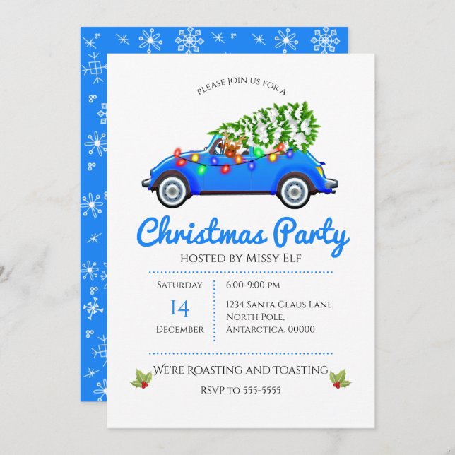 Invitación Coche Azul Vintage y Árbol de Navidad (Anverso / Reverso)