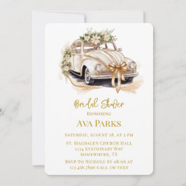 Invitación Coche blanco dorado vintage y ducha de novia flori