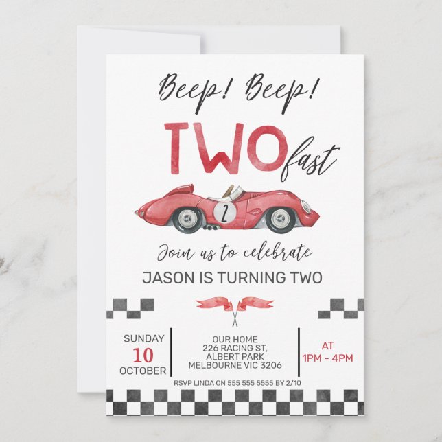 Invitación Coche Boys Red Carreras Dos Cumpleaños Rápido (Anverso)