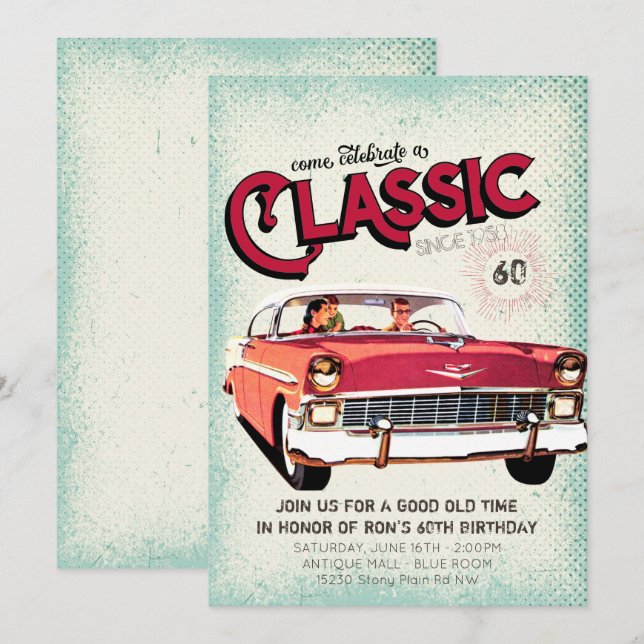Invitación Coche Clásico de Mitad de Siglo | Cumpleaños 60 Vi (Anverso / Reverso)