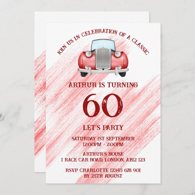 Invitación Coche Clásico Retro Rojo Antiguo A la Acuarela (Anverso / Reverso)