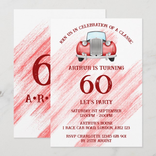 Invitación Coche Clásico Rojo Retro Antiguo A la Acuarela (Anverso / Reverso)