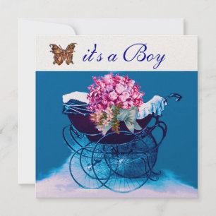 INVITACIÓN COCHE DE BEBÉ VINTAGE CON FLORES, MARIPOSAS BAUTIZ