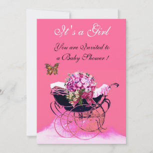 INVITACIÓN COCHE DE BEBÉ VINTAGE CON FLORES, MARIPOSAS BAUTIZ