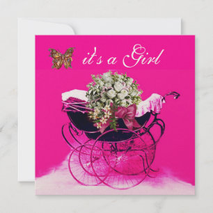 INVITACIÓN COCHE DE BEBÉ VINTAGE CON FLORES, MARIPOSAS BAUTIZ