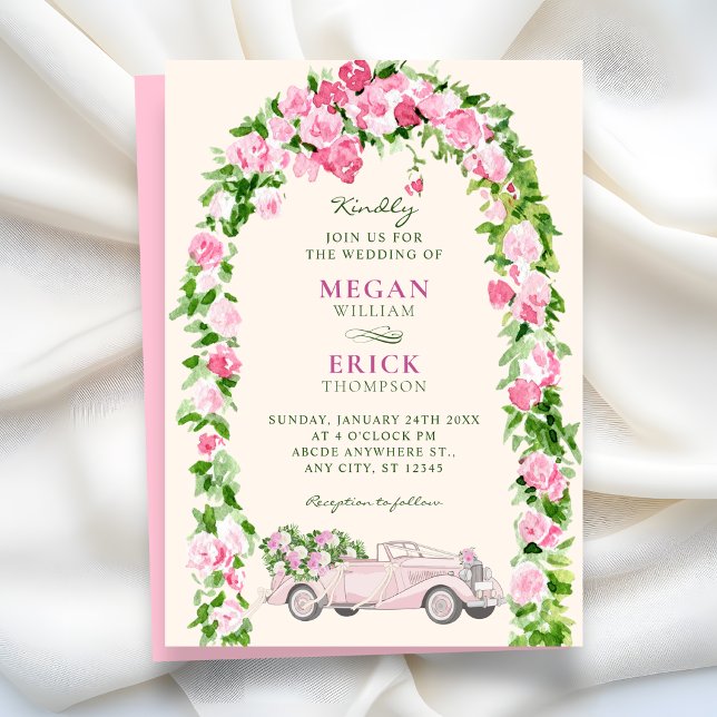 Invitación Coche de boda floral acuarela (Subido por el creador)