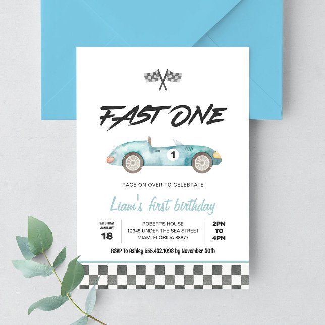 Invitación Coche de Carreras Antiguo Fast ONE 1er Cumpleaños (Subido por el creador)