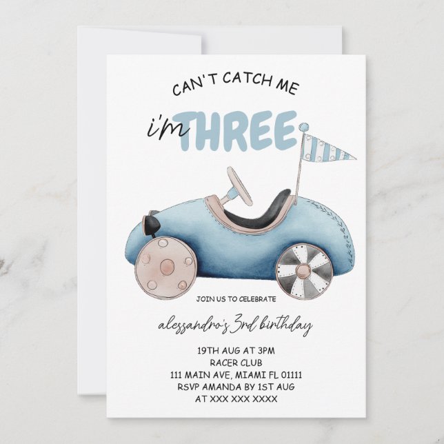 Invitación Coche de Carreras Azul Cumpleaños 3 (Anverso)