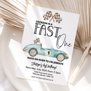 Invitación Coche de carreras azul FAST ONE cumpleaños 1º